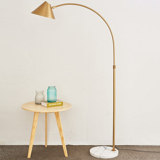 Modern Conical Reading Floor Lamp With Arched Stand - 1-Light Gold Finish