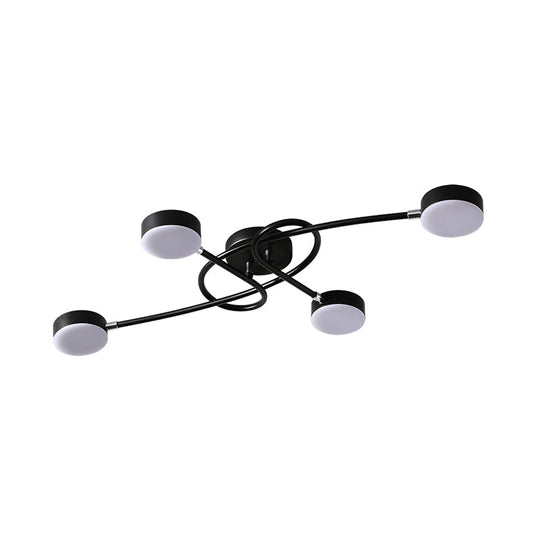 Modernist Led Drum Living Room Semi - Flush Black Ceiling Lamp With Twisted Arm 4 Lights