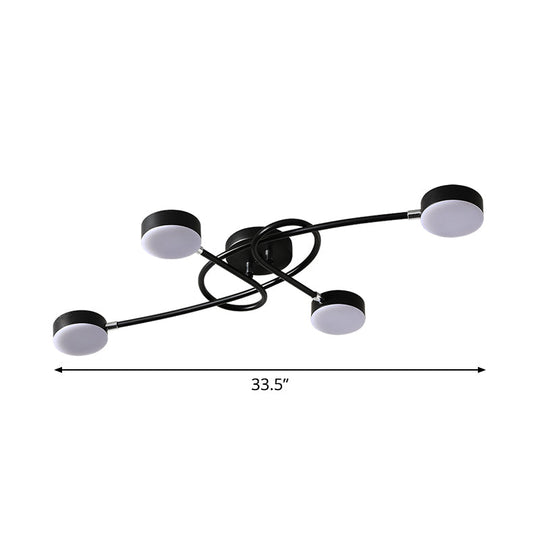 Modernist Led Drum Living Room Semi - Flush Black Ceiling Lamp With Twisted Arm 4 Lights