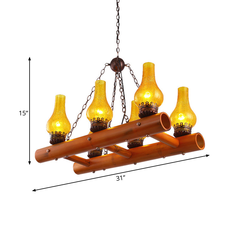 Vintage Yellow Crackle Glass Island Pendant Light With Bamboo Ladder Design