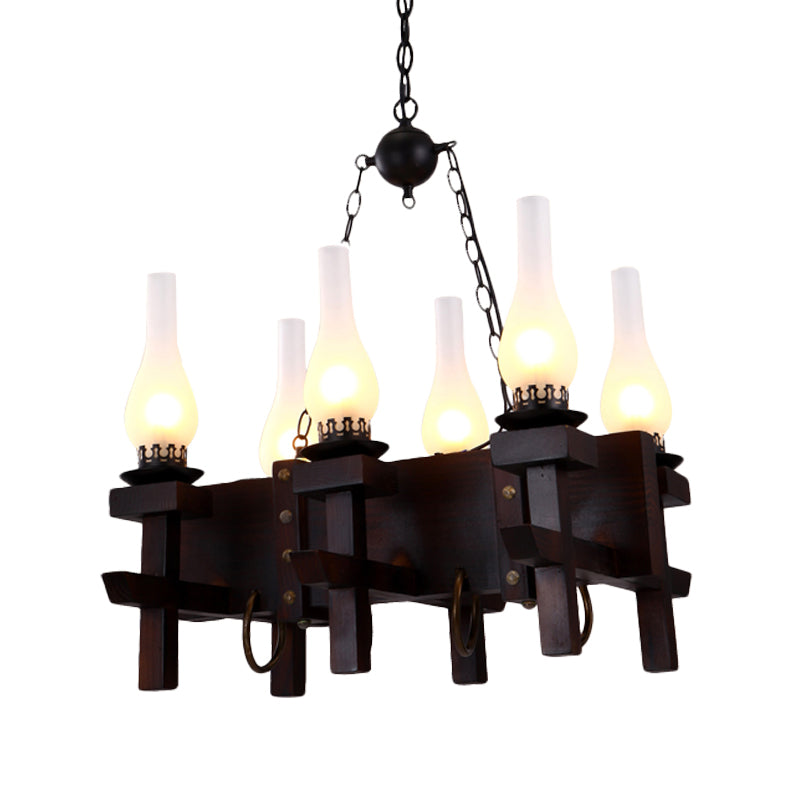 Black Industrial Pendant Light With Frosted Glass - 6 Heads Wood Linear Beam