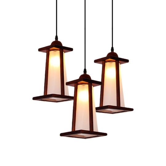 3-Light Coastal Wood Cluster Pendant With Frosted Glass Trapezoid Shade - Stylish Hanging Ceiling