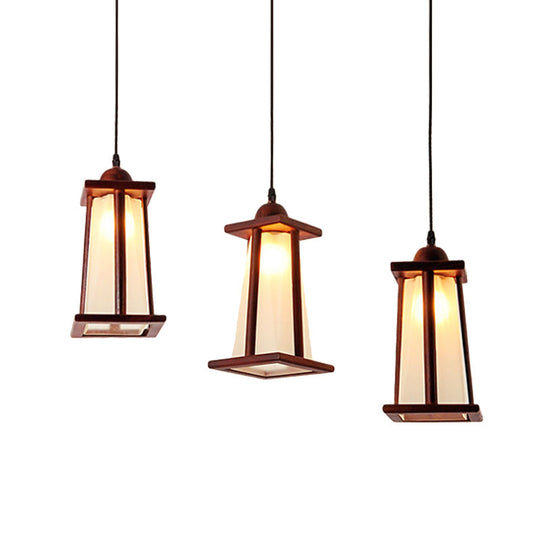 3-Light Coastal Wood Cluster Pendant With Frosted Glass Trapezoid Shade - Stylish Hanging Ceiling