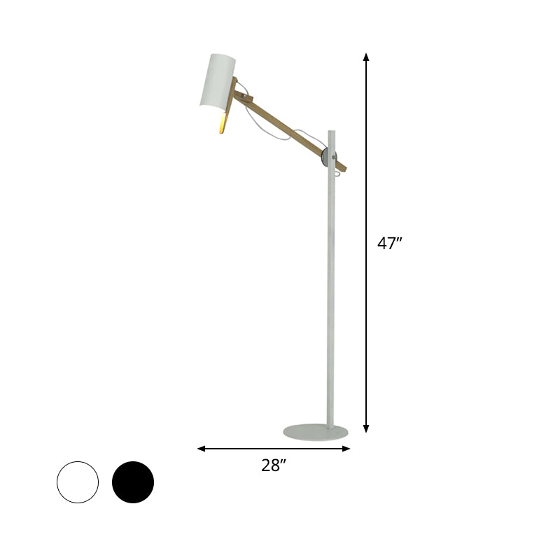 Modern Iron Swing Arm Floor Lamp - White/Black With Wood Tube Accent 1-Light Standing Light
