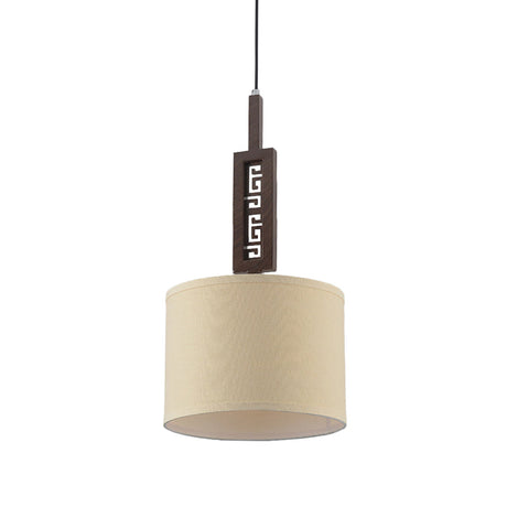 Modernist Brown Wood Hanging Lamp Kit With Carved Design Down Lighting And Drum Fabric Shade - 1