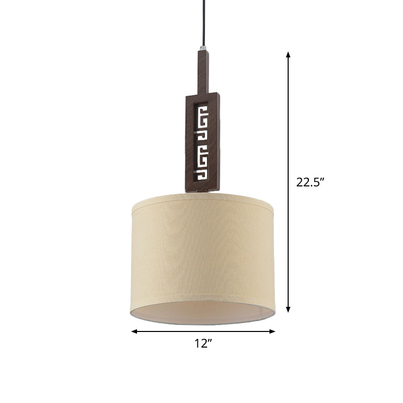 Modernist Brown Wood Hanging Lamp Kit With Carved Design Down Lighting And Drum Fabric Shade - 1