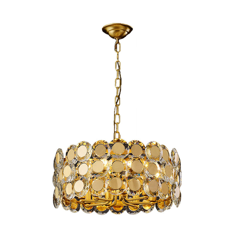 Contemporary 8-Light Crystal Block Drum Pendant Light Kit With Brass Finish