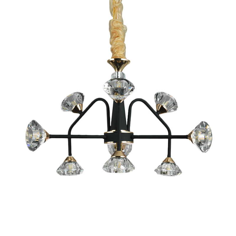 Modern Metal Sputnik Bedroom Chandelier With Diamond Crystal Shade - 9 Bulbs Black Pendant Light