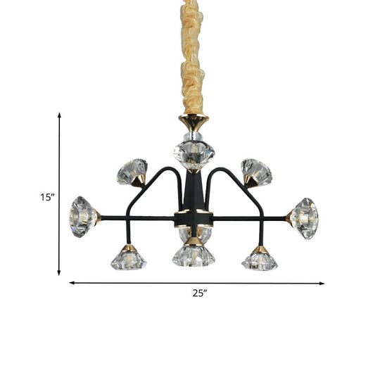 Modern Metal Sputnik Bedroom Chandelier With Diamond Crystal Shade - 9 Bulbs Black Pendant Light