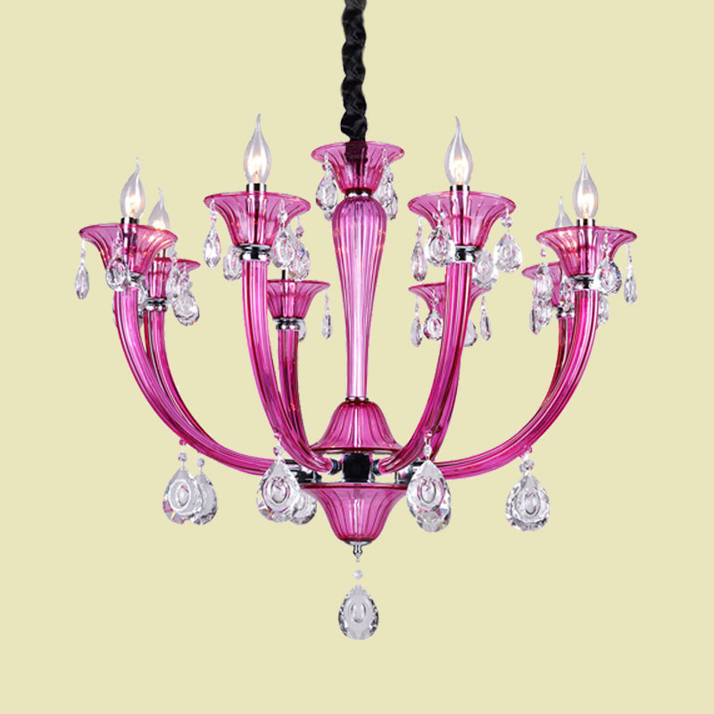 Modern Rose Red Glass Chandelier With Crystal Draping - 8-Light Chrome Pendant For Living Room