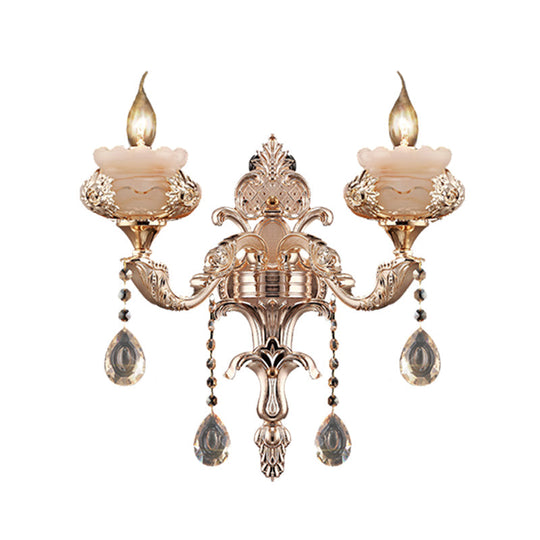 K9 Crystal Sconce Lamp: Traditional Gold Candle Wall Lighting Fixture With Jade Saucer
