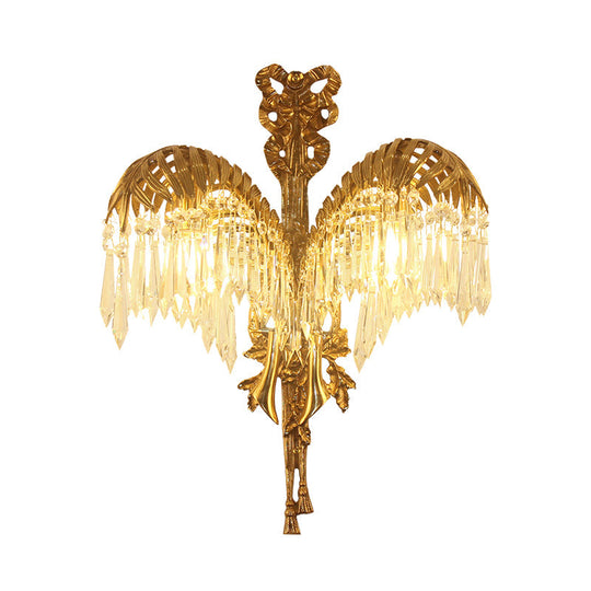 Vintage Brass Wall Sconce With Clear Crystal Drop - Metal Leaf Shape Lighting Fixture