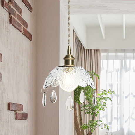 Vintage Brass Scalloped Bowl Pendant Lamp - Clear/Smoke Gray Water Glass 1 Bulb Hanging Lighting