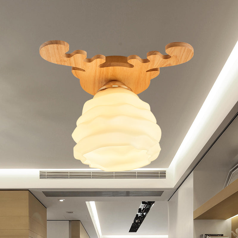 Modern White Glass Honeycomb Flush Mount Ceiling Lamp With Wood Antler Design