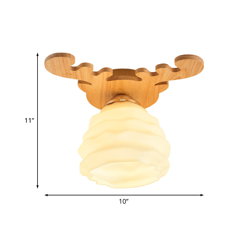 Modern White Glass Honeycomb Flush Mount Ceiling Lamp With Wood Antler Design