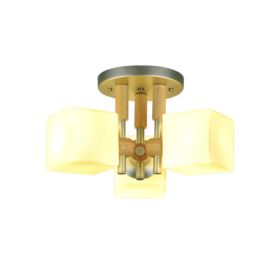 Modern Cube 3-Light Glass & Wood Ceiling Lamp