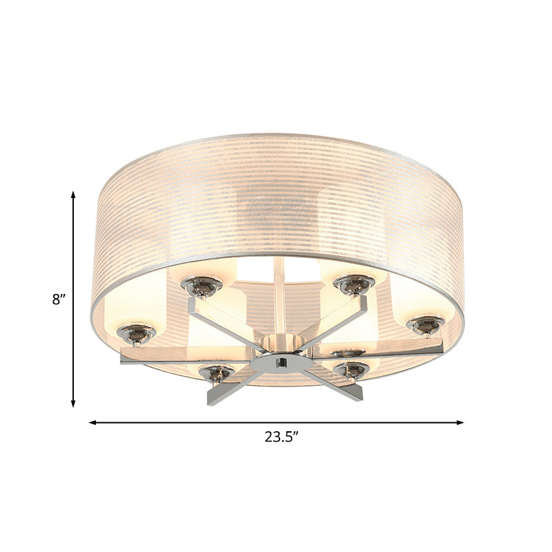 Minimalist White Glass Semi Flush Mount Drum Lighting With Chrome Finish - 6 Lights Tube Shade