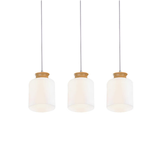 Modern White Glass Cylinder Chandelier With 3 Heads - Wood Suspension Lamp