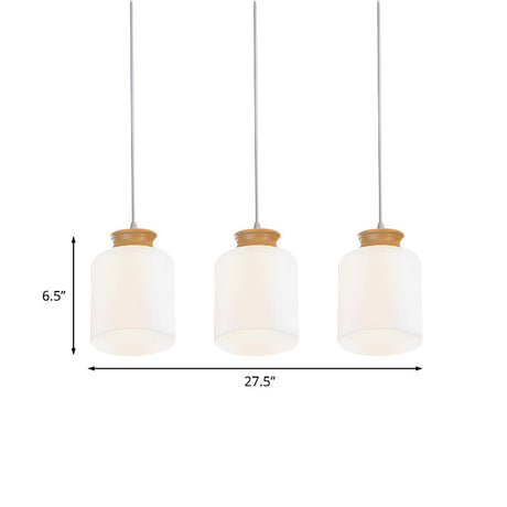 Modern White Glass Cylinder Chandelier With Wood Suspension Lamp - 3 Heads Round/Linear Canopy