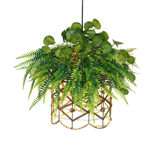 Green Retro Scalloped Cage Ceiling Lamp With Plant Decoration - Downlighting