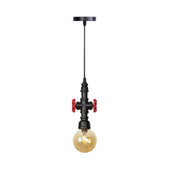 Industrial Black Finish Amber Glass Pendant Lamp With Pipe Suspension - 1-Light Ball/Capsule