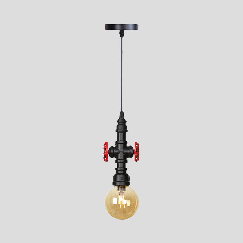 Industrial Black Finish Amber Glass Pendant Lamp With Pipe Suspension - 1-Light Ball/Capsule