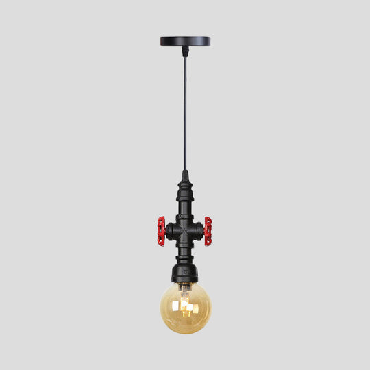 Industrial Black Finish Amber Glass Pendant Lamp With Pipe Suspension - 1-Light Ball/Capsule