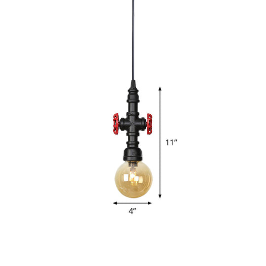 Industrial Black Finish Amber Glass Pendant Lamp With Pipe Suspension - 1-Light Ball/Capsule