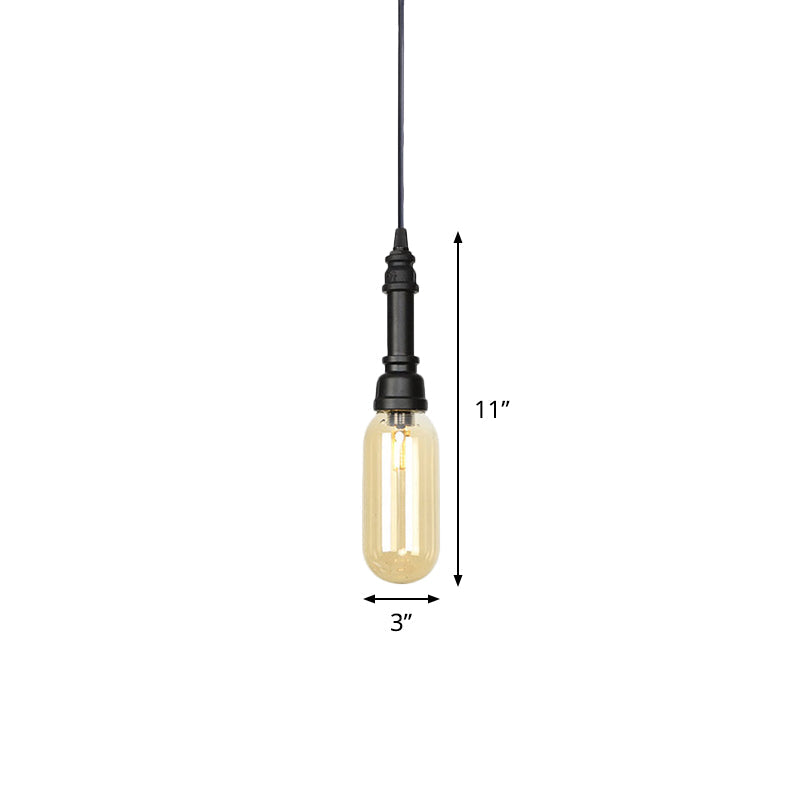 Industrial Black Finish Amber Glass Pendant Lamp With Pipe Suspension - 1-Light Ball/Capsule