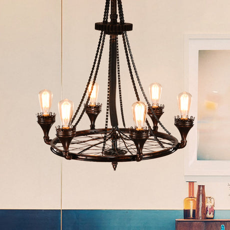 Alniyat - Vintage Rust Wheel Chandelier Pendant Light Industrial Metallic 6-Bulb Restaurant Pendulum