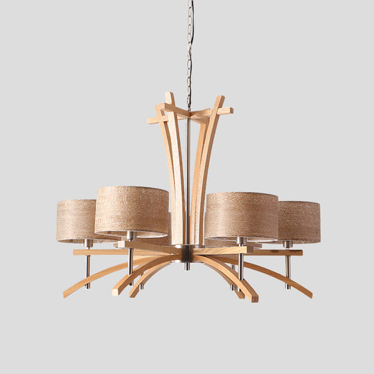 Modern Beige Radial Chandelier With Wood Suspended Shades - 3/6 Lights Pendant Lamp