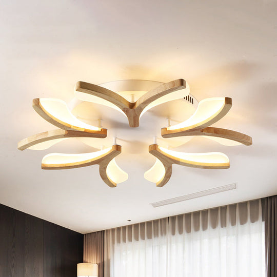 Modern Wood Y-Shape Semi Flush Light With 3/5 Heads - 23.5’/27.5’ W Led Ceiling Lamp In