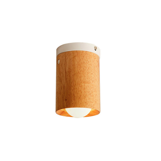Minimalistic Beige Tubular Flushmount Ceiling Lamp With Wood Accent For Bedroom - 1 Bulb Flush Mount