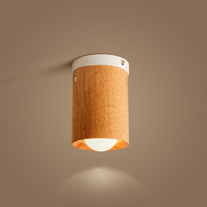 Minimalistic Beige Tubular Flushmount Ceiling Lamp With Wood Accent For Bedroom - 1 Bulb Flush