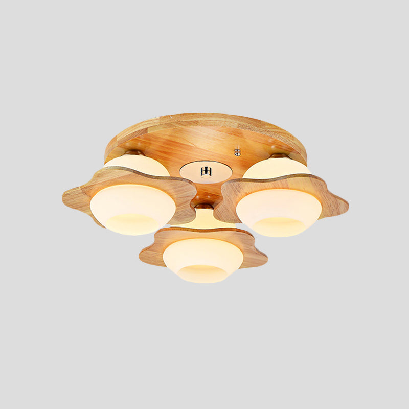 Modernist Floral Wood Flush Mount With Frosted Glass Shade - 3/5 Lights Beige Fixture