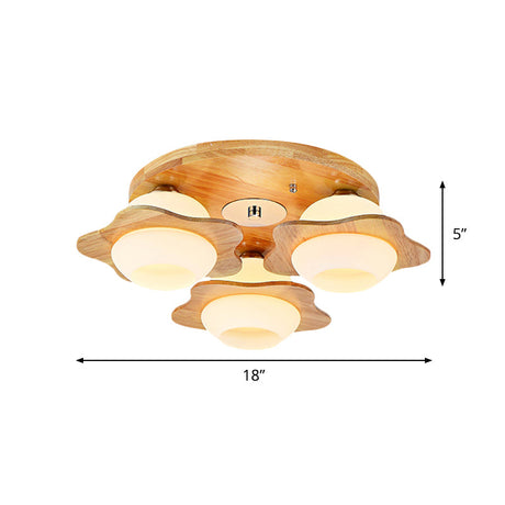 Modernist Floral Wood Flush Mount With Frosted Glass Shade - 3/5 Lights Beige Fixture