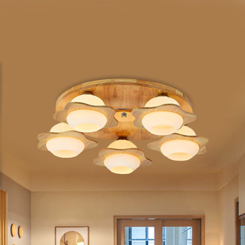 Modernist Floral Wood Flush Mount With Frosted Glass Shade - 3/5 Lights Beige Fixture