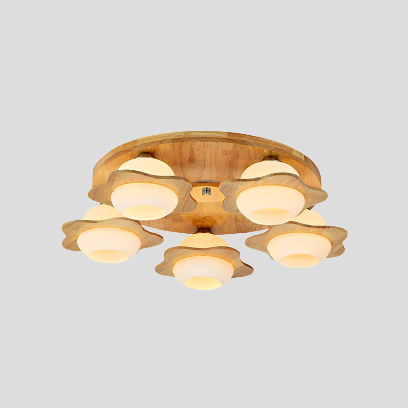 Modernist Floral Wood Flush Mount With Frosted Glass Shade - 3/5 Lights Beige Fixture