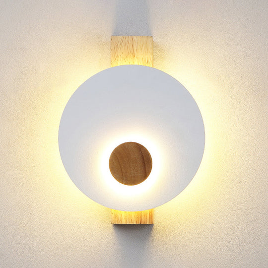 Minimalist Led Metal Disk Wall Light Fixture With Wood Backplate - Black/Grey/White