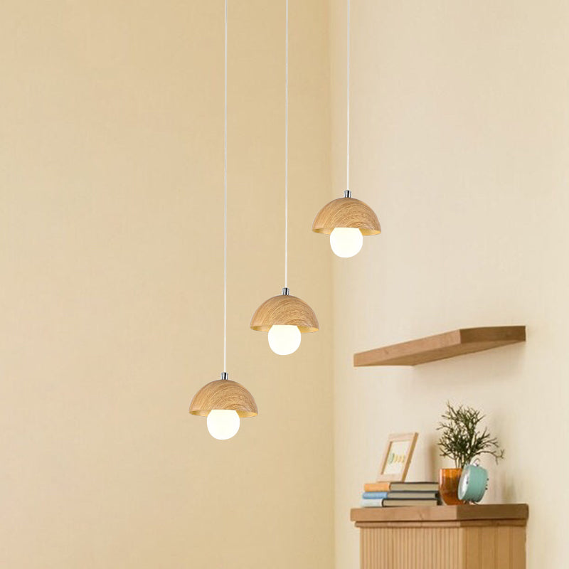Modern Beige Wood Dome Pendant Chandelier With Multi-Light Design - 3 Bulbs