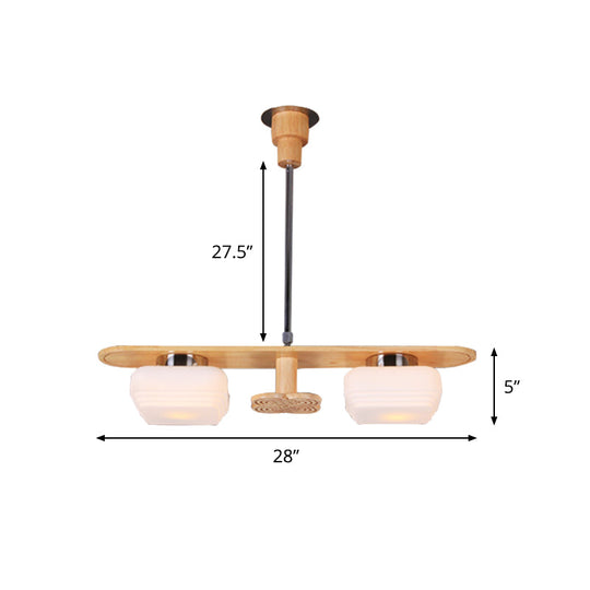 Modern Wood Pendant Chandelier With 2 Square Cream Glass Shades For Dining Room Ceiling