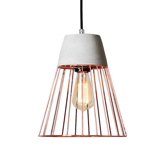 Antiqued Black/Rose Gold Conic Cage Ceiling Pendant Light With Cement Top And 1