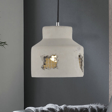 Antiqued Grey Cement Pendant Light Fixture With Hanging Bulb / Dome