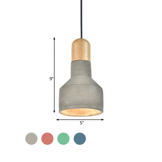 Jar Pendant Light Kit: Industrial Grey/Red/Blue Cement Hanging Lamp With Wood Top - 1-Bulb
