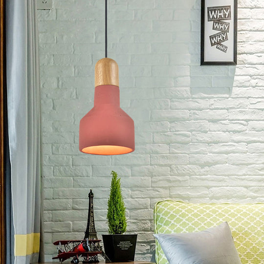 Jar Pendant Light Kit: Industrial Grey/Red/Blue Cement Hanging Lamp With Wood Top - 1-Bulb