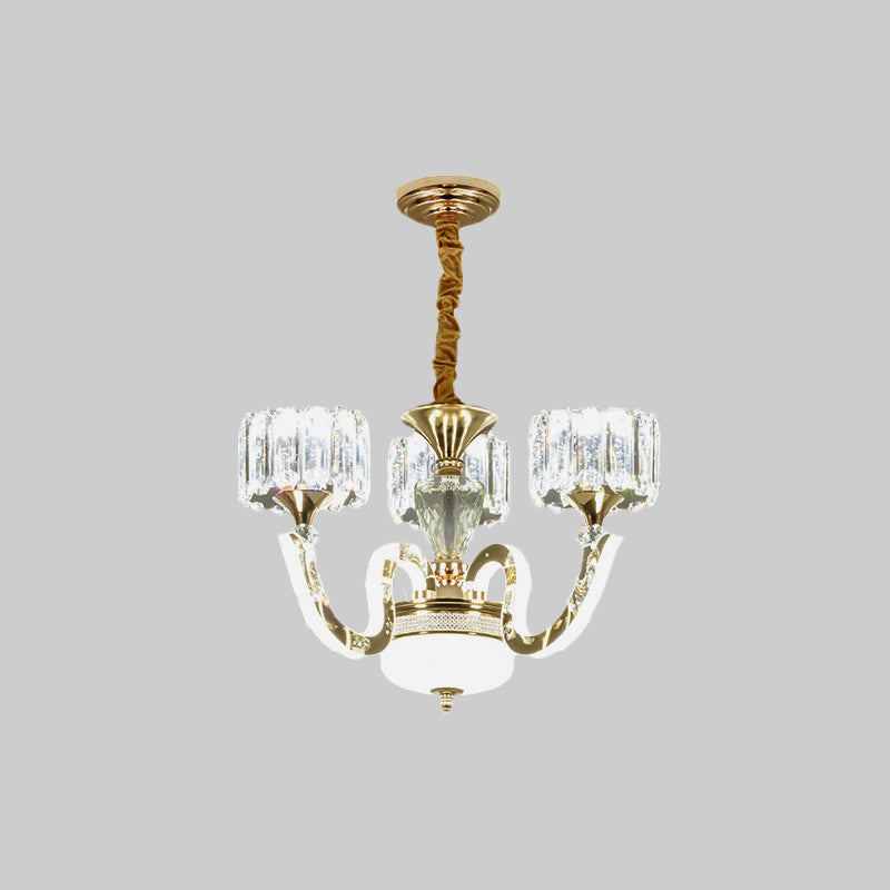 Modern Gold Drum Chandelier With Crystal Blocks - 3/5 Lights Led For Living Room