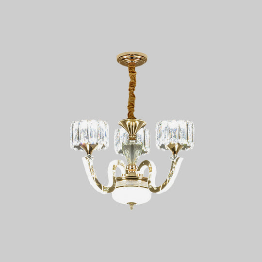 Modern Gold Drum Chandelier With Crystal Blocks - 3/5 Lights Led For Living Room