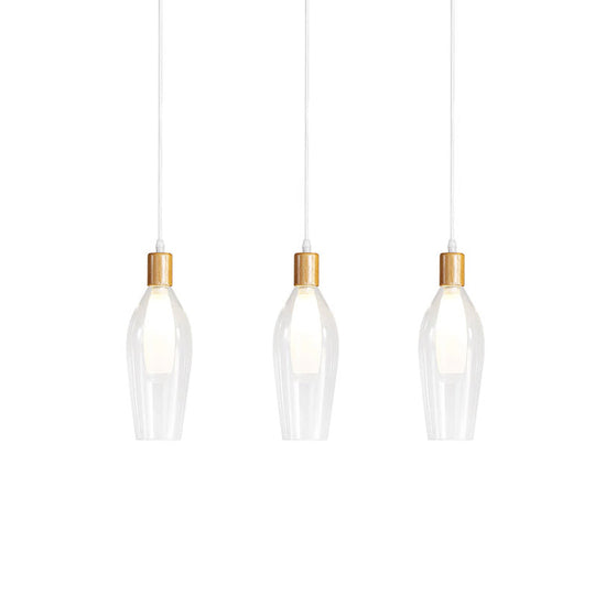 Modern Tulip Glass Pendant Chandelier Clear Wood Accents 3-Bulb Hanging Ceiling Lamp