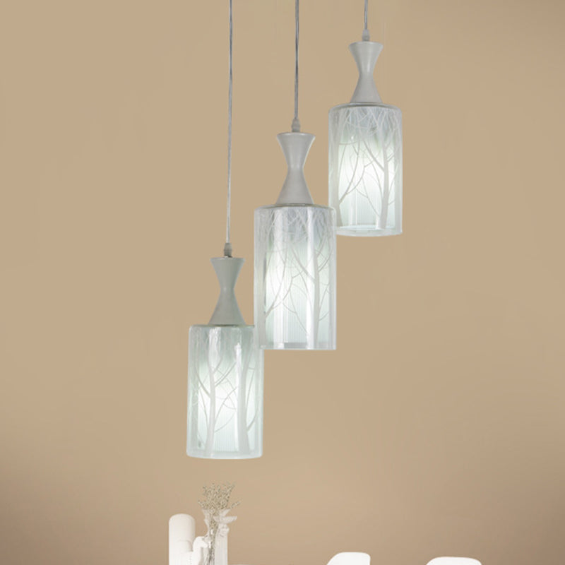 Contemporary White Pendant Lamp With Patterned Glass Shade - 3-Head Multifunctional Ceiling Light