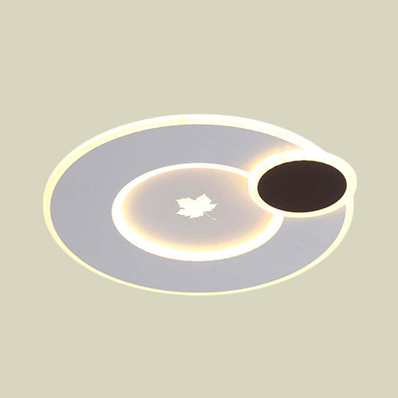 Modern Round Led Ceiling Light With Maple Leaf Pattern - 16’/19.5’ Wide White Flushmount For